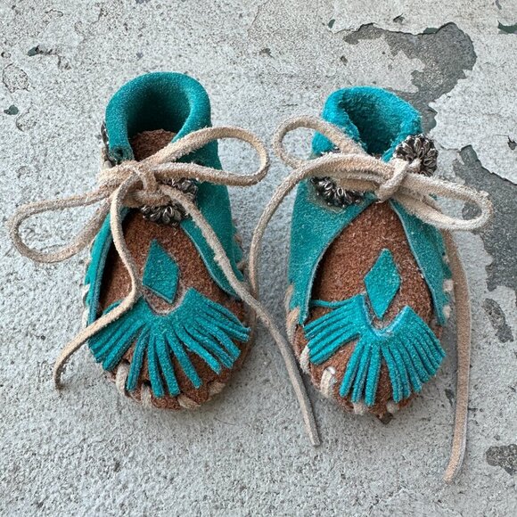 Hand Sewn Turquoise Deer Hide Baby Moccasins - Picture 3 of 16